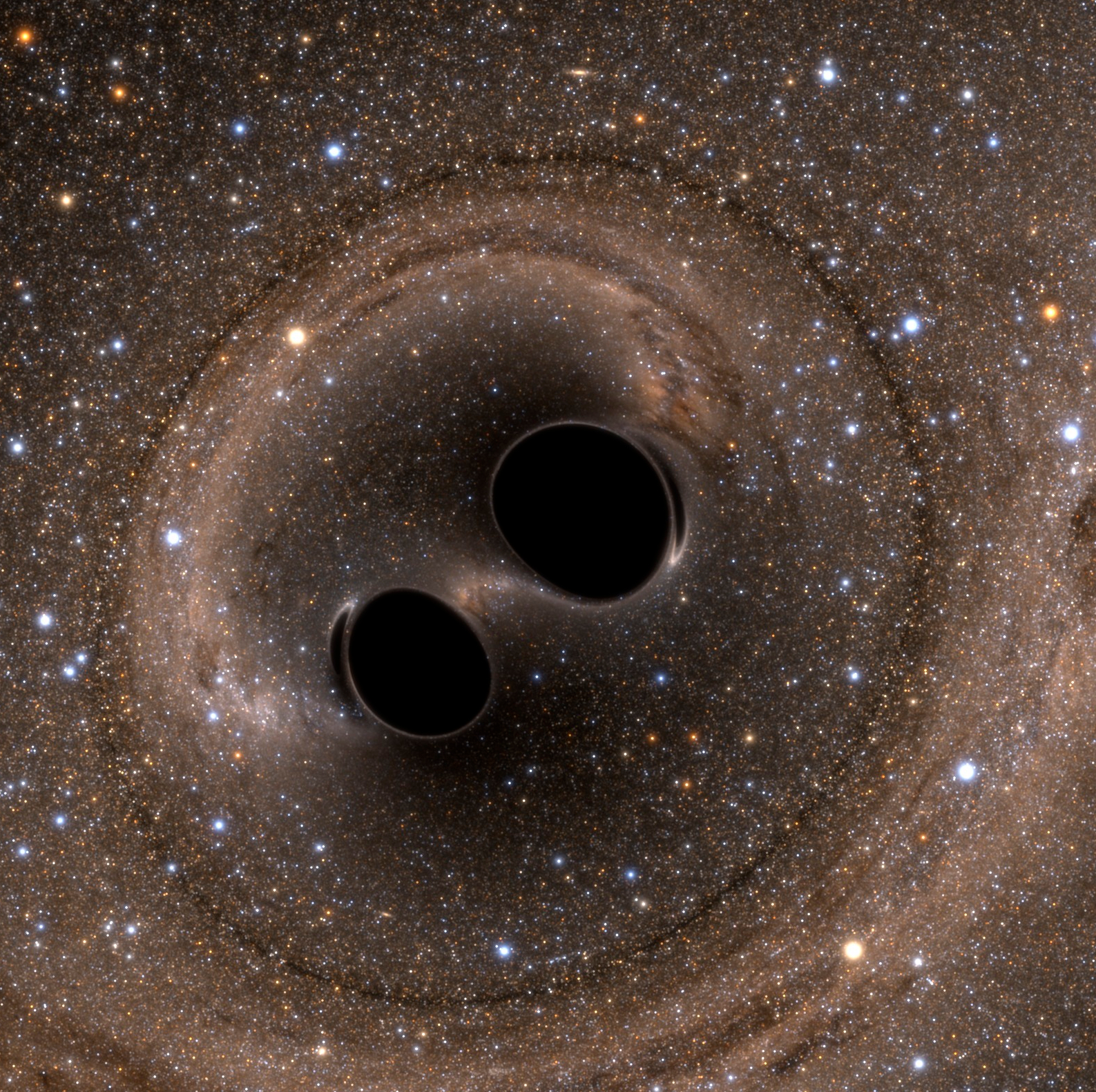 Zwei schwarze Löcher, die wirklich schwarz und nah beieinander sind. Der Sternenhintergrund um sie herum wirkt verquirlt.